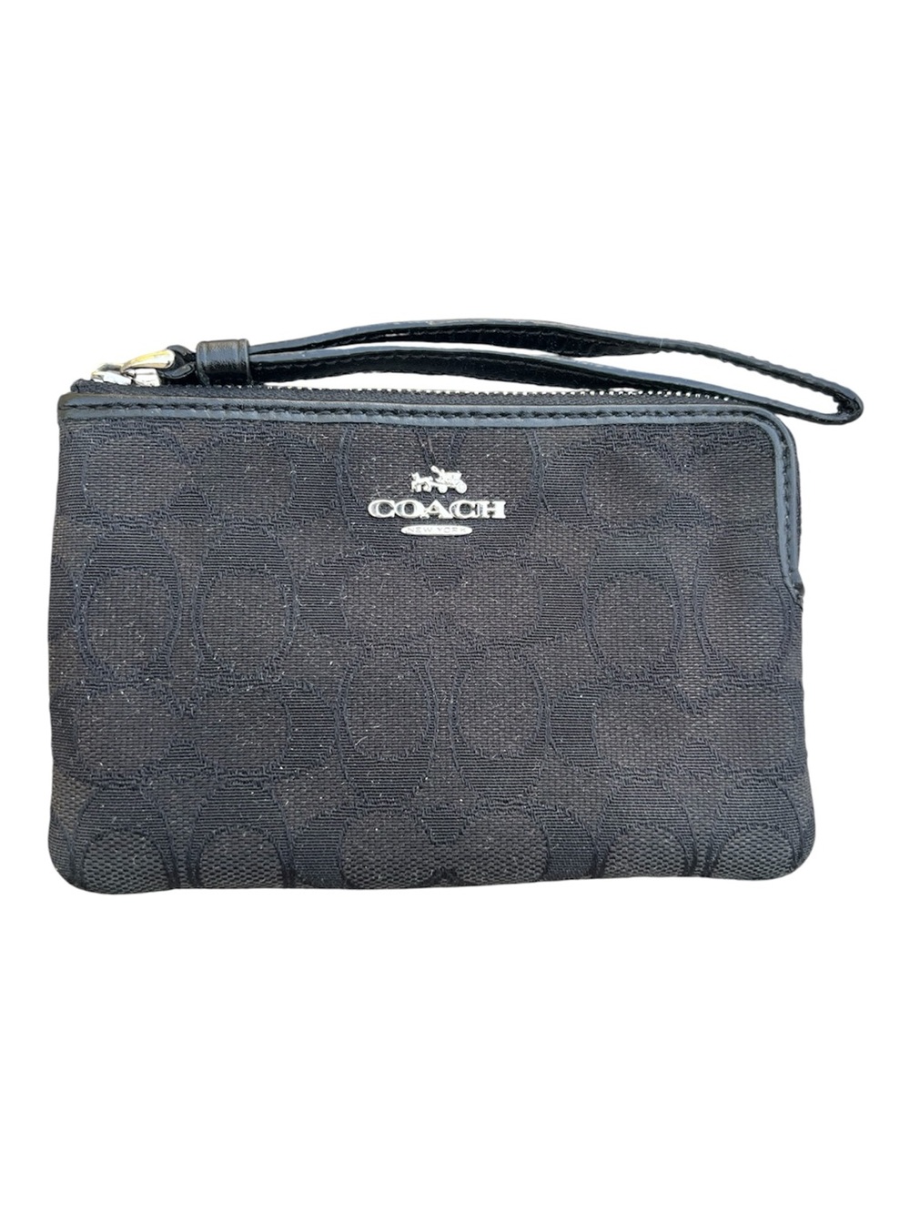 Coach Black Signature Corner Zip Wristlet Pouch with Logo Accent